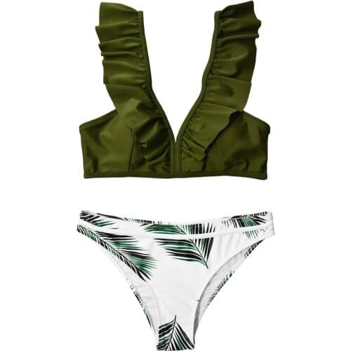 VECENEY Womens High Waist Green Falbala Bikini Set,with Adjustable Straps