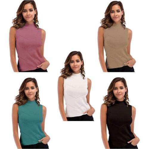 Women Ribbed Knit Sleeveless Tank Top Slim Turtleneck Solid Color Basic Sweater