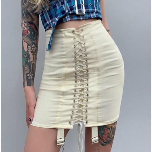 Women High Waist Crisscross Lace-Up Front Bodycon Mini Pencil Skirt with Garter Belt Harajuku Package Hip Party Clubwear