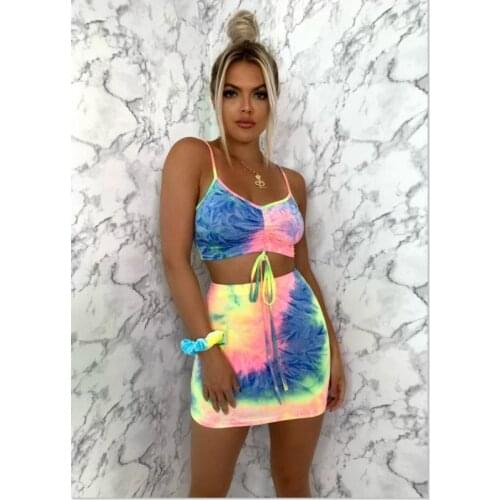 Imcute Popular Tie dye Print Women Bodycon Two Piece Set 2020 Summer Sling Shirred Crop tops Elastic Waist Mini Skirts Sets