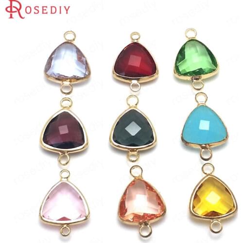 10PCS 19x13MM 24K Champagne Gold Color Brass and Glass 2 Holes Triangle Shape Connect Charms Pendants Diy Jewelry Accessories