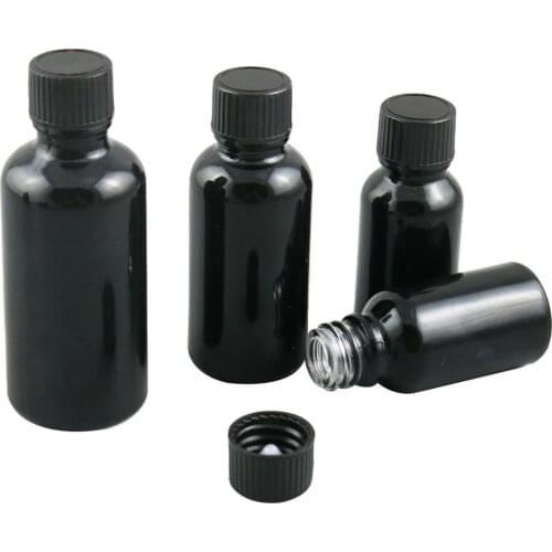 10pcs 5ml 10ml 15ml 20ml 30ml 50ml 100ml Black Glass Essential Oil Bottle With Black Plastic Black Cap Cosmetic Container
