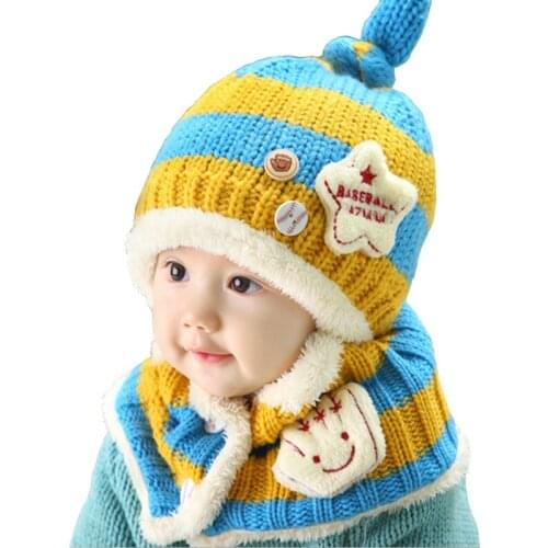 Cute Yellow Baby Childrens Knitted Winter Hat Baby Hat Ear Cap Baby Bib Suit 2Pcs/1Set Hat+Scarf