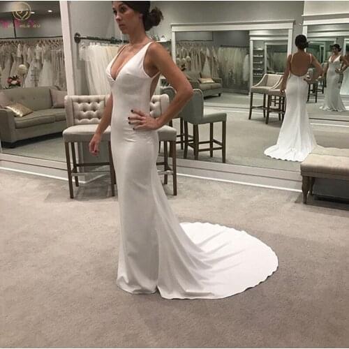 2019 Simple Mermaid Wedding Dresses Sexy Deep V-Neck Sleeveless Boho Bridal Gowns White Ivory Backless Satin Vestidos De Noiva