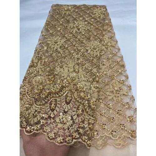 5yards/pc) High quality gold African beads net lace fabric embroidered French tulle lace for gorgeous party dress FYY001