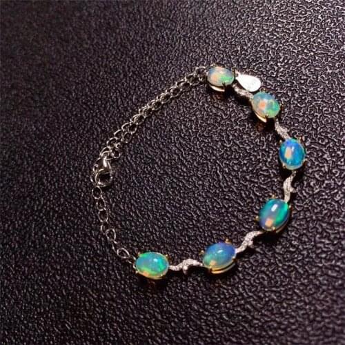Real Natural Opal Gemstone Bracelet 925 Sterling Silver Colorful Stone Bangle for Women Fine Wedding Jewelry