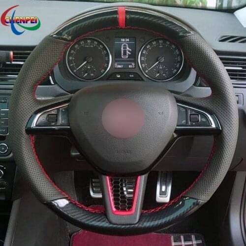 DIY Black Carbon Fiber Leather Steering Wheel Cover For Skoda Octavia Superb Yeti 13-19 Kodiaq Karoq 16-19 Scala Car Accessories