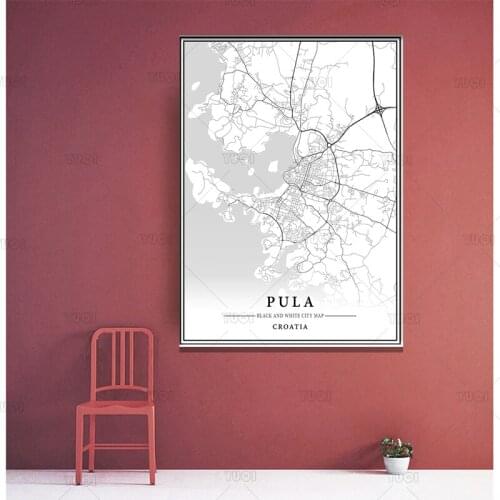 Black and White World City Map PULA Wall Art Canvas Poster Prints Nordic Style Paintings Picture for Living Room