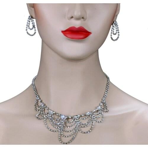 Chran Rhodium Plated Rhinstone Wedding Jewelry Set for Bridemaind Elegant Silver Crystal Necklace Earrings Set