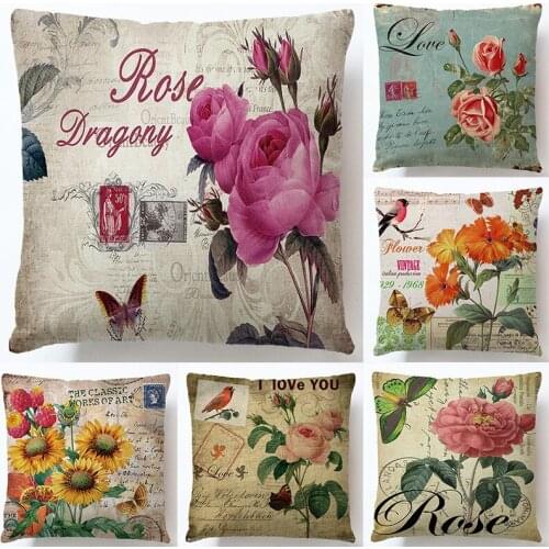 Home Textile 45*45CM Linen color Printed Rose Flower Leaf Square Sofa Car Pillow Case Pillowcase Cushion Cover 2pc/lot