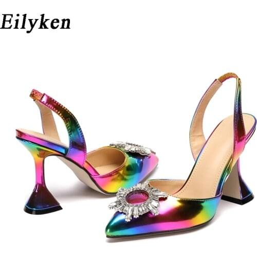 Eilyken 2021 Autumn Fashion Rainbow Color Woman Pumps Sexy Diamond Crystal Sun Flower Pointed Toe High Heel Sandals Dress Shoes