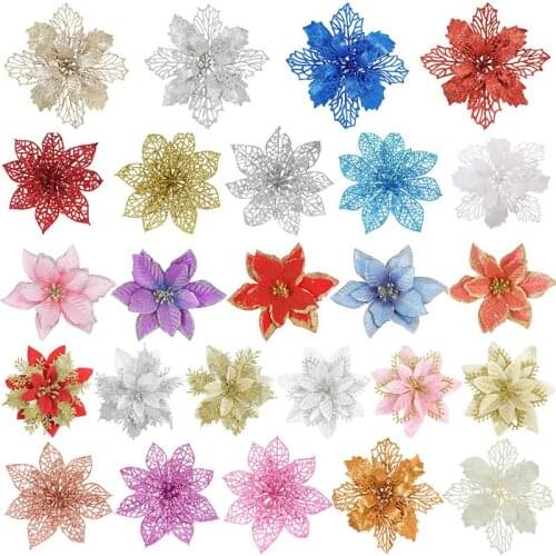 5P Artificial Flower Head Glitter Christmas Flower For Christmas Tree Ornament Fake Flower DIY New Year Wedding Party Decor Noel