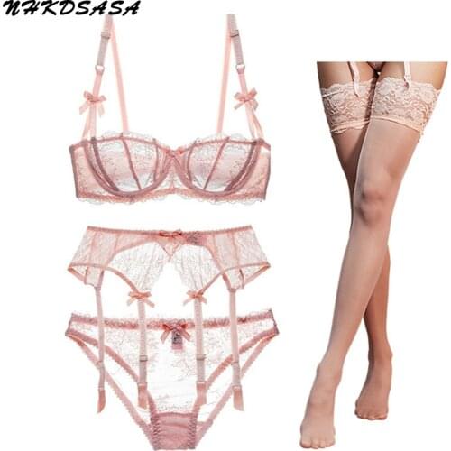 NHKDSASA Sexy Lace Lingerie Set 4pcs Bras & Garters & Panties & Stockings Underwear Black Pink White Bralette Thongs And Bra Set