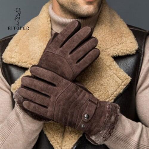 RITOPER Mens Winter Gloves Touch Screen Leather Gloves Plus Velvet Thicken Gloves Fashion Warm Outdoor Pigkskin Motorcycle 2018