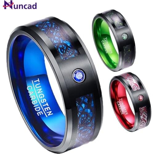 Nuncad 8mm Mens Ring Tungsten Carbide Ring Wedding Band Celtic Dragons Red Green Blue Carbon Fiber Tungsten Ring Comfort Fit