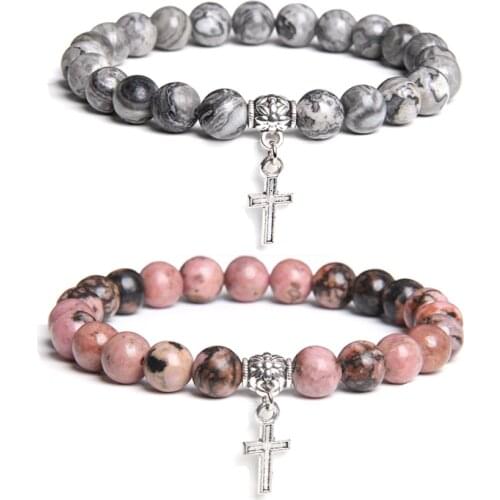 Natural map Rhodochrosite 8mm stone bead bracelet femme homme pierre silver color metal cross metal charm bracelets for women