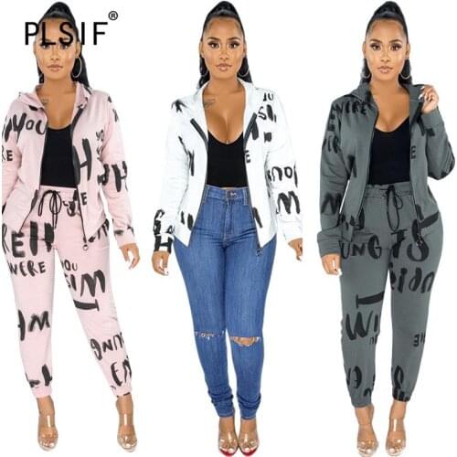 European Station Sexy Women Set Letter Print Jacket Tops And Long Pant Suit Female 2 Pieces Tracksuit