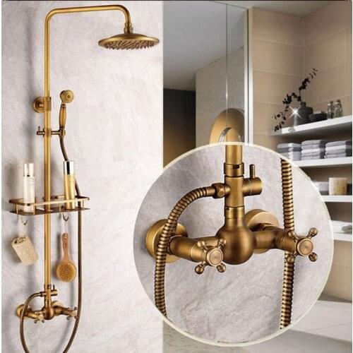 Europe style luxury brass antique brass finished wall mounted shower faucet set