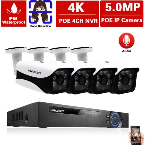 H.265 4K 4CH NVR CCTV Camera System Outdoor Audio Bullet POE IP Security Camera Set 5MP POE Video Surveillance System Kit XMEYE