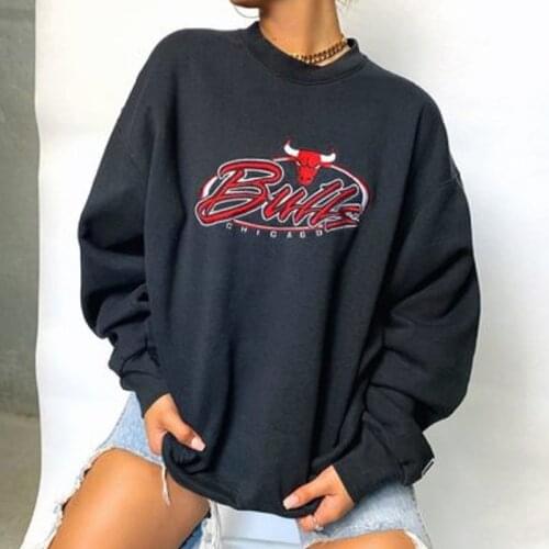 Hip Hop Black Letter Print Crewneck Sweatshirt Women Casual Brand Design Plus Size Tops Sports Boyfriend England Streetwear Fall
