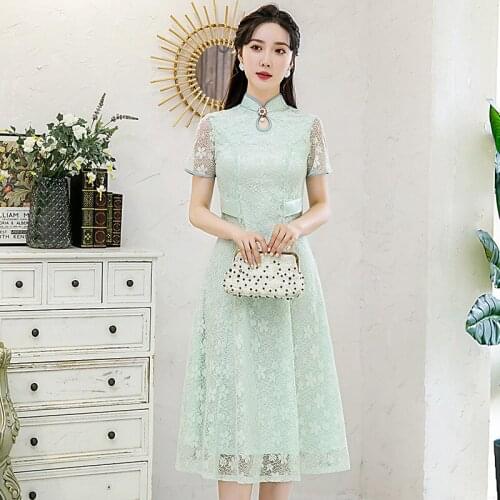 Traditional Chinese Slim Solid Color Cheongsam Sexy Mid Length Perspective Dress Satin Oversize Qipao 2021 New Short Vestidos