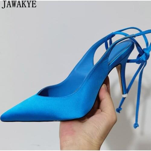 Sexy Cross Tied High Heel Women Sandals Satin Slingback Ankle Tied Pointy Shoes Shallow Blue Orange Rose Red Party Wedding Shoes