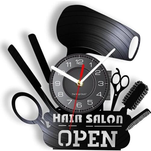 Hair Salon Business Open Sign Vinyl Record Wall Clock Hairdresser Vinyl Album Re-purposed Record Wall Watch Vintage Timepieces