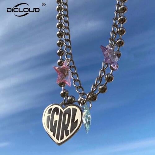 Vintage 90s Igirl Heart Pendant Necklace Sliver Chain Harajuku Women Letter Necklace Stainless Steel Punk Beads Choker Gift