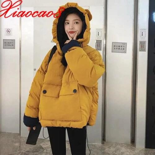 Womens Hooded Winter Jacket Yellow Black Beige Cotton Padded Coat Female Korean Style Pullover Parkas Loose Short Outerwear