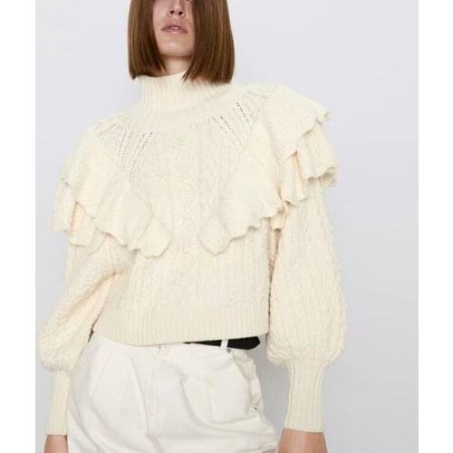 New Vintage Stylish Short Style Ruffles Knitted Sweater Women 2019 Fashion High Neck Lantern Sleeve Female Pullovers Chic Tops