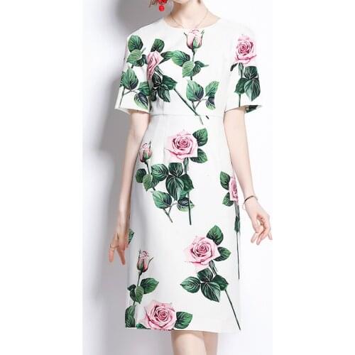 Glower Print Women Sheath Dress Elegant O-Neck OL Office Ladies Dresses D4537