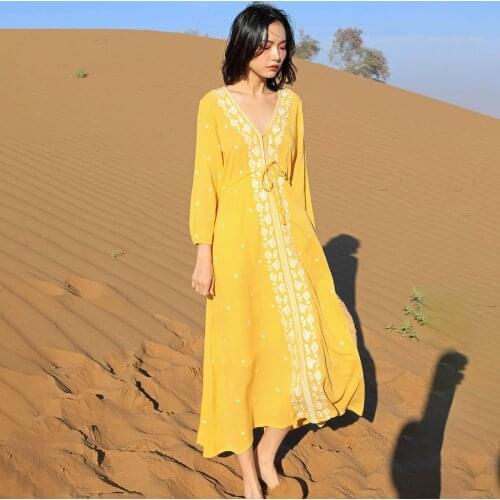 Jastie Ethnic Style Women Dress Retro Floral Embroidery Casual Beach Dresses Bohemian Seaside Vacation Midi Female Vestidos