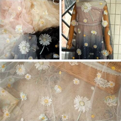150cm Width Sequined Daisy Embroidery Soft Mesh Lace Fabric For Girls' Tulle Dress/Womens Party Wedding Dress Fabric Material