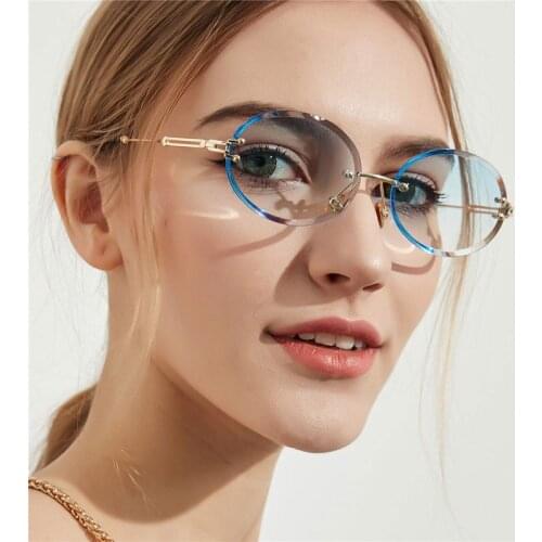 2020 Ladies Clear Lens Oval Sunglasses Vintage Rimless Rectangle Sunglasses Womens Mens Blue Shades Metal Frame Eyewear