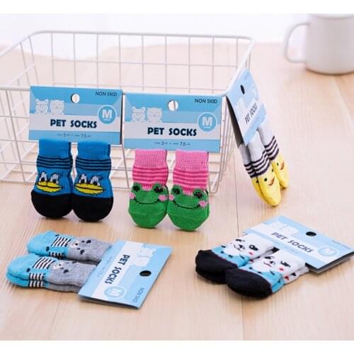 4Pcs Warm Puppy Dog Shoes Soft Pet Knits Socks Cute Cartoon Anti Slip Skid Socks For Small Cats Breathable Pet Products S/M/L