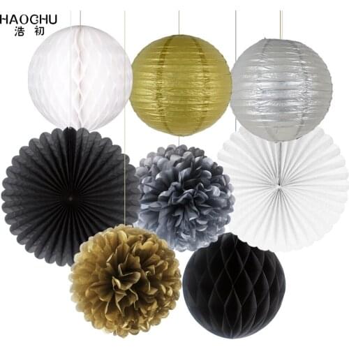 8pcs Mix Set Round Paper Lanterns Tissue Paper Honeycomb Balls Gold Silver Wedding Flowers Birthday Party Baby Shower Decoration