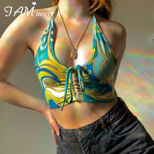 90s Aesthetic Halter Crop Top Tee Women Summer Vintage Sexy V Neck Backless Wave Camisole Beach Outfit Casual Tube Vest Iamhotty