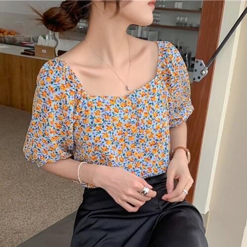 Baldauren Vintage Floral Print Blouse Women Puff Sleeve Square Collar Tops Short Sleeve Clothes 2021 Summer Korean sexy Shirts