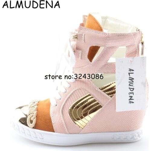 Pink Black White Women Wedge Crocodile Leather Ankle Boots Height Increasing Lady Platform Casual Shoes Mixed Color Lace Up