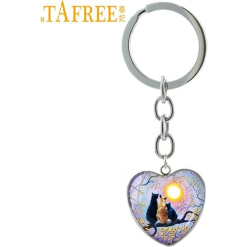 TAFREE Black Kitten Siamese Cat Family key chain ring full moon animal pendant jewelry galaxy nebula moonlight keychain HP442