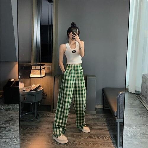 Korean Style Plaid Pants Womens High Waist Checkered Straight Loose Sweat Pants Casual Trousers Pantalon Femme Sweatpants FY461