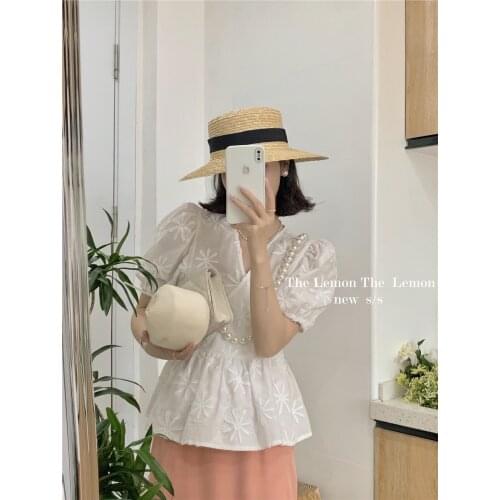 Tea Lemon green V-neck lace flower embroidery short sleeve white blouse womens 2021 summer short