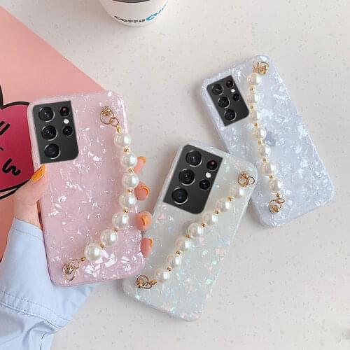 Pearl Bracelet Wrist Chian Soft TPU Case For Samsung Galaxy S21FE S20 S10 S9 S20FE Note 8 9 10 20 Plus Ultra Conch Pattern Cover