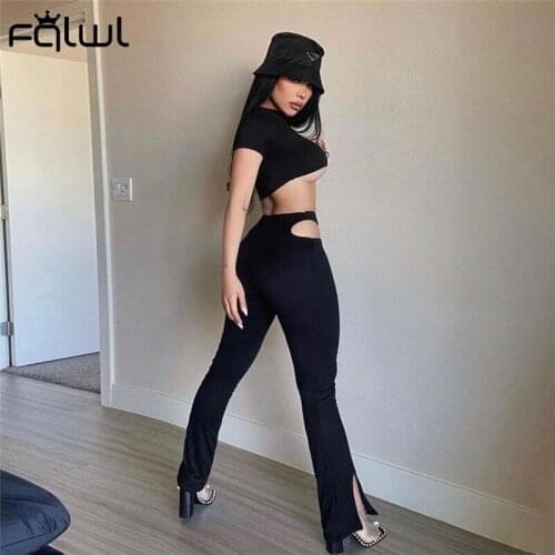 FQLWL 2021 Black White Hollow Out Wide Leg Pant Summer Skinny High Waist Split Flare Trousers Women Sexy Club Party Long Bottoms
