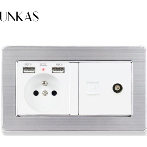 UNKAS Stainless Steel Panel French Standard Electric Socket with 2 USB + RJ45 Internet Jack and Television Port Power Outlet