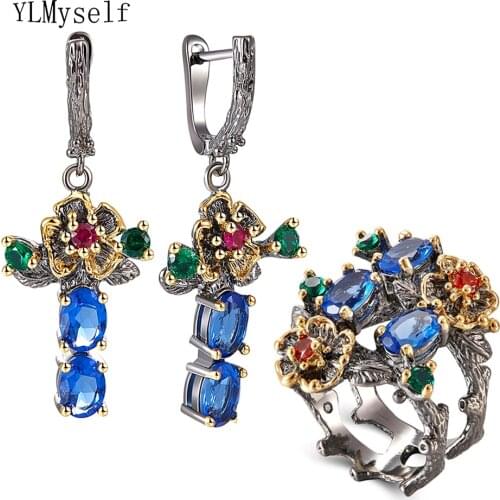 Blue Crystal Earrings Ring Jewellery Set Leaf Dangle Earrings Multi Zirconia Flower Pretty 2pcs Jewelry Sets for Women