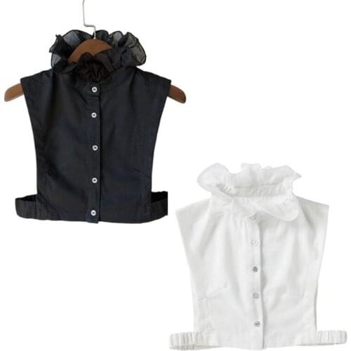 Korean Sweet Girls Princess Ruffles Stand False Collar Womens Button Down Solid Color Stretchy Detachable Half-Shirt Blouse Gift