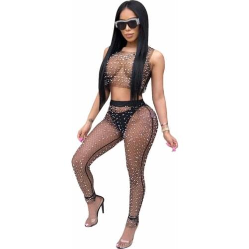 2018 NEW Summer Outfits See Through Crop Tops and Pants Suit Matching 2 Piece Set Women Mesh Pearls Beading Sexy Two Piece Set