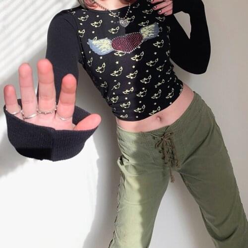 Autumn New Women Casual Slim-Fit T-Shirt Adults Rhinestone Love Pattern Long Sleeve Round Neck Pullover Black Skin-Friendly S-XL