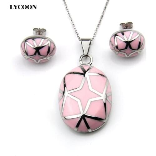LYCOON newest stainless steel stars style oval pink resin pendant necklace enamel oval earrings jewelry set for women LYS012